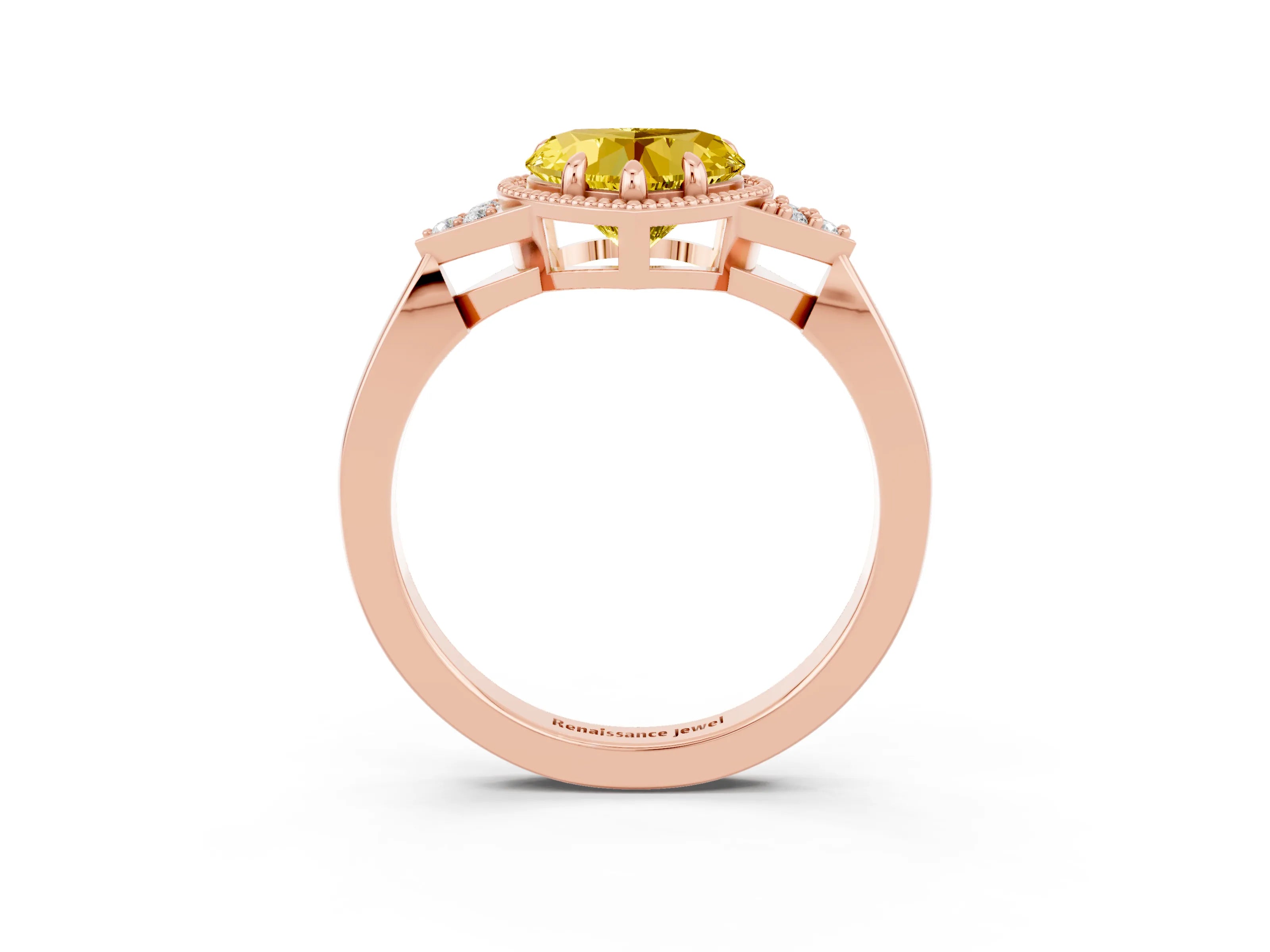 Rose gold Heart Cut Yellow Sapphire Halo Ring with Tapered Band and Four-Prong Setting_3
