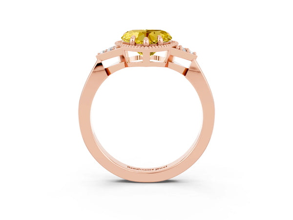 Rose gold Heart Cut Yellow Sapphire Halo Ring with Tapered Band and Four-Prong Setting
