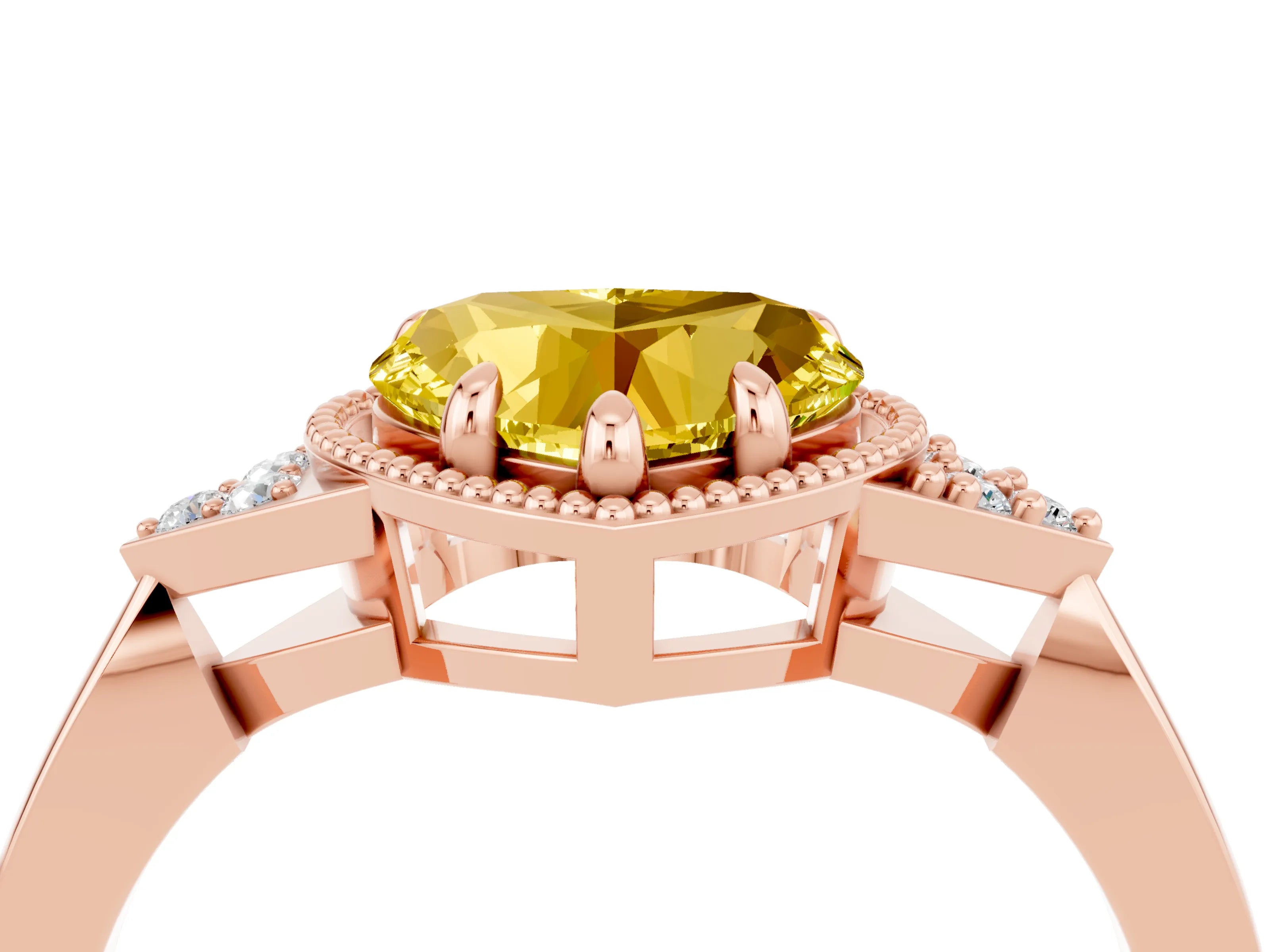 Rose gold Heart Cut Yellow Sapphire Halo Ring with Tapered Band and Four-Prong Setting_4