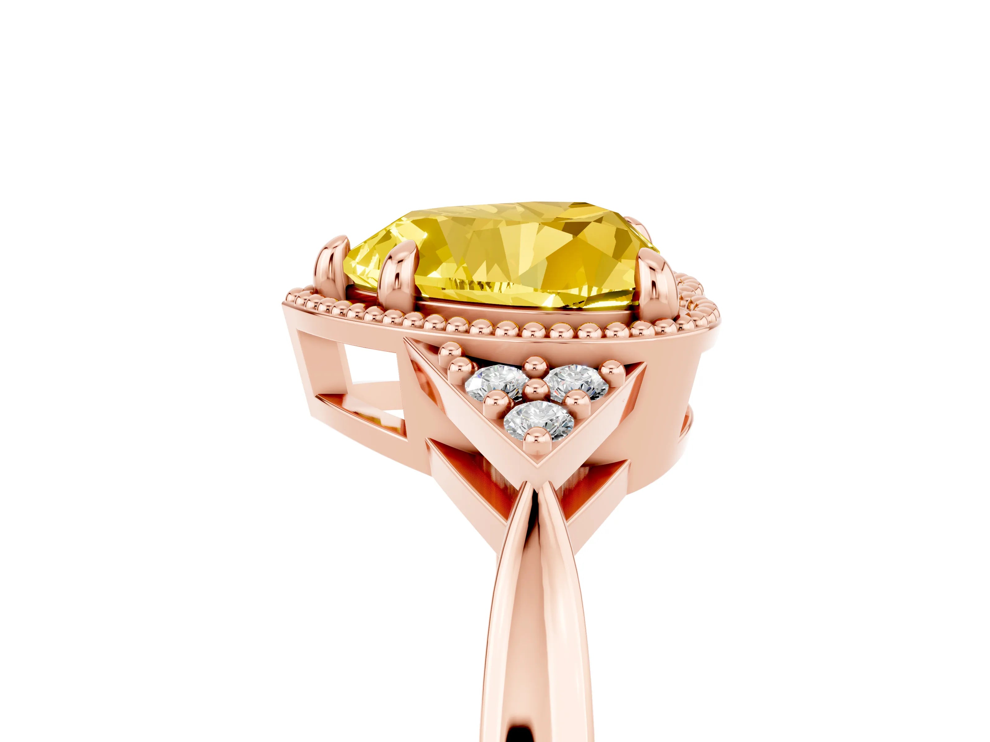 Rose gold Heart Cut Yellow Sapphire Halo Ring with Tapered Band and Four-Prong Setting_5