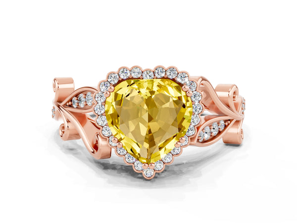 Rose gold Heart Cut Yellow Sapphire Halo Ring with Vintage Split Shank and Four-Prong Setting