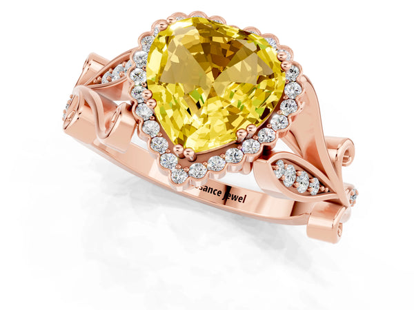 Rose gold Heart Cut Yellow Sapphire Halo Ring with Vintage Split Shank and Four-Prong Setting