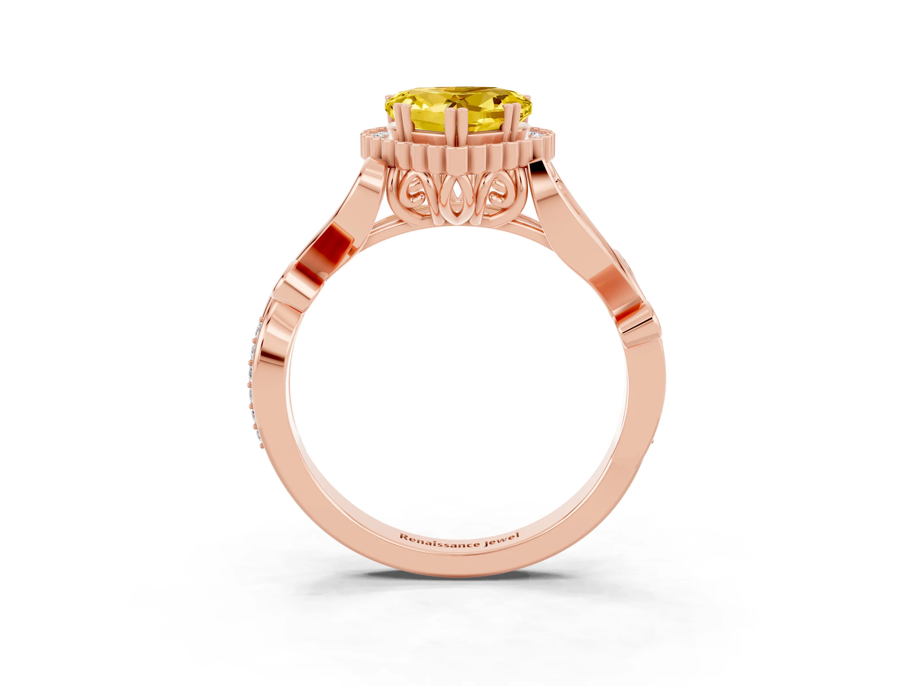 Rose gold Heart Cut Yellow Sapphire Halo Ring with Vintage Split Shank and Four-Prong Setting_3