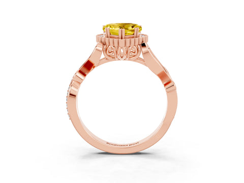 Rose gold Heart Cut Yellow Sapphire Halo Ring with Vintage Split Shank and Four-Prong Setting_3
