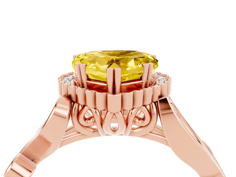 Rose gold Heart Cut Yellow Sapphire Halo Ring with Vintage Split Shank and Four-Prong Setting_4