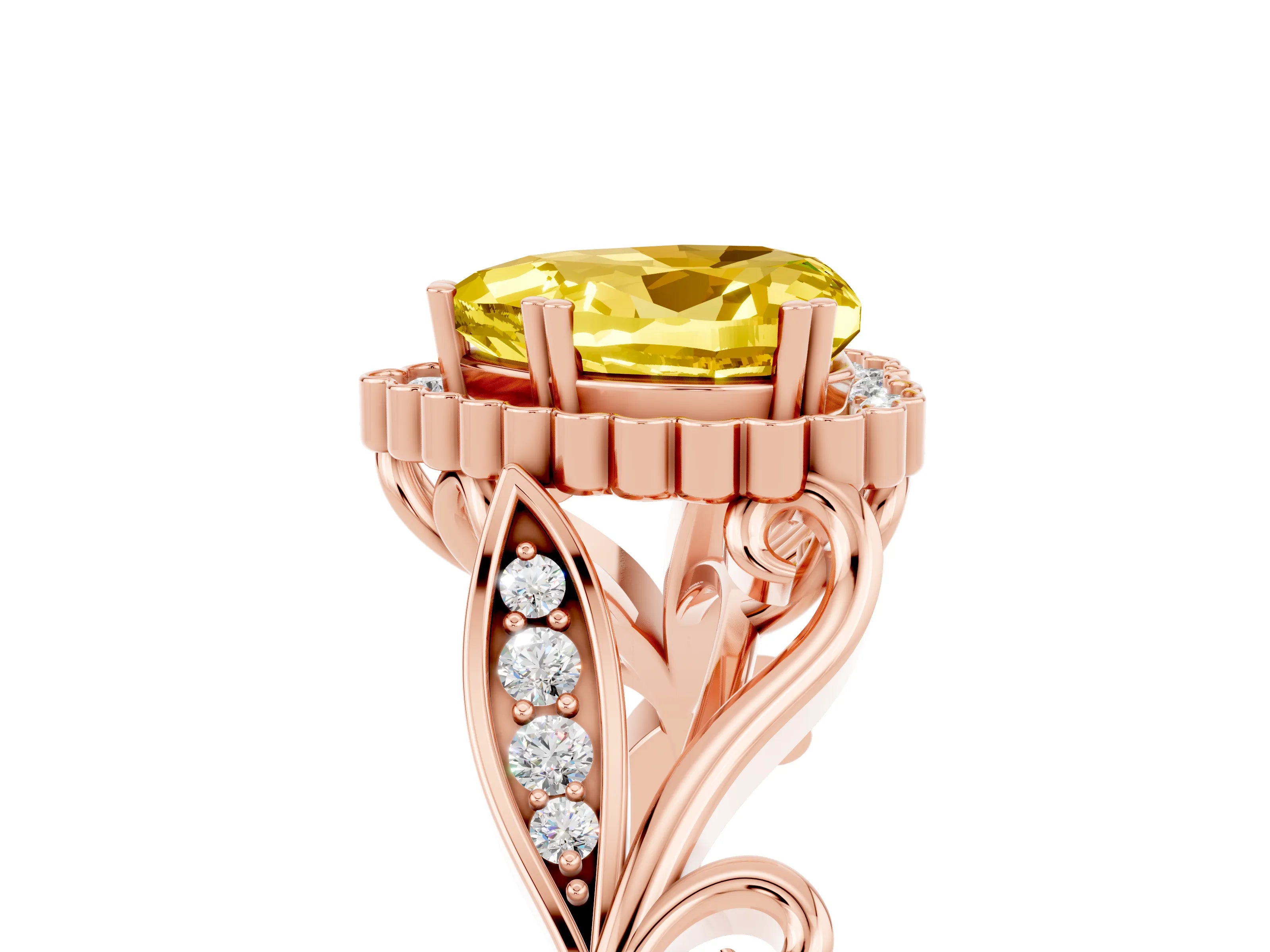 Rose gold Heart Cut Yellow Sapphire Halo Ring with Vintage Split Shank and Four-Prong Setting_5