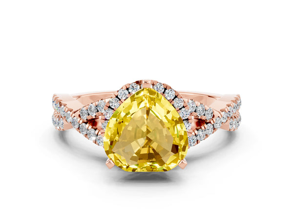 Rose gold Heart Cut Yellow Sapphire  Halo Twist Band Solitaire Prong Setting Ring