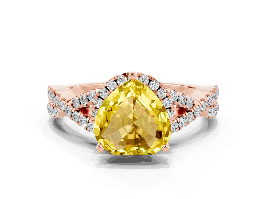 Rose gold Heart Cut Yellow Sapphire  Halo Twist Band Solitaire Prong Setting Ring_42