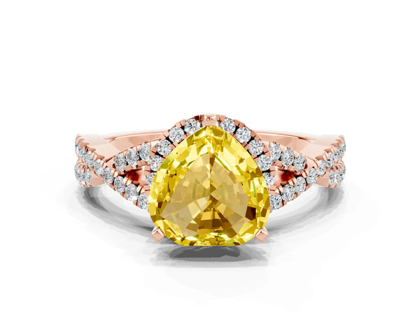 Rose gold Heart Cut Yellow Sapphire  Halo Twist Band Solitaire Prong Setting Ring