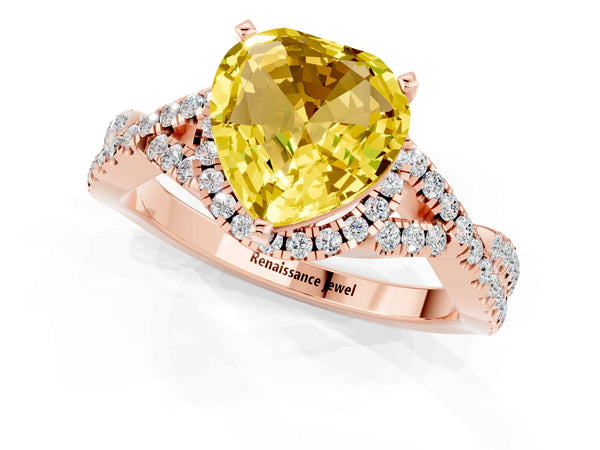 Rose gold Heart Cut Yellow Sapphire  Halo Twist Band Solitaire Prong Setting Ring