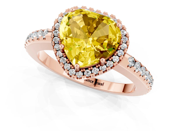 Rose gold Heart Cut Yellow Sapphire Pavé Halo Ring with Four-Prong Setting