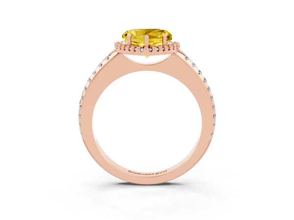 Rose gold Heart Cut Yellow Sapphire Pavé Halo Ring with Four-Prong Setting