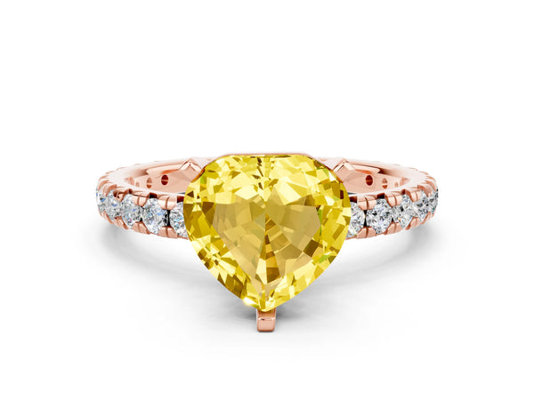 Rose gold Heart Cut Yellow Sapphire Pavé Solitaire Ring with Round Band and Prong Setting