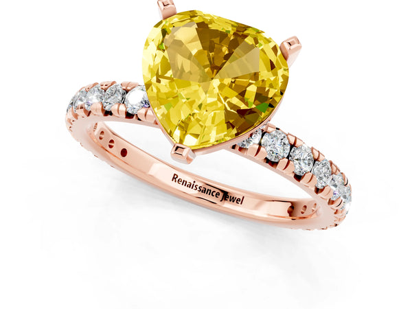 Rose gold Heart Cut Yellow Sapphire Pavé Solitaire Ring with Round Band and Prong Setting