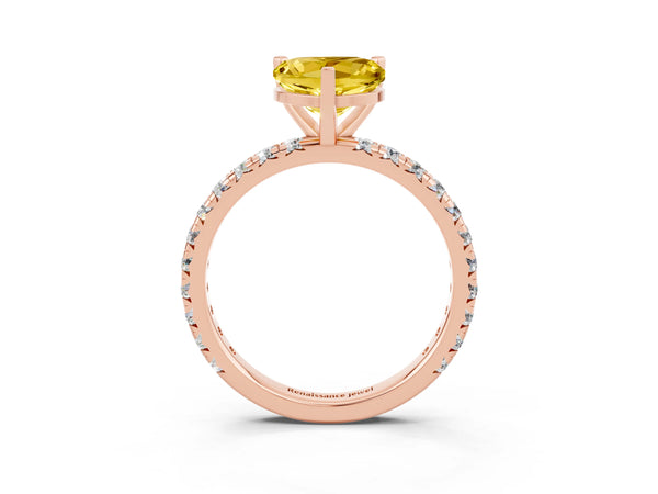 Rose gold Heart Cut Yellow Sapphire Pavé Solitaire Ring with Round Band and Prong Setting