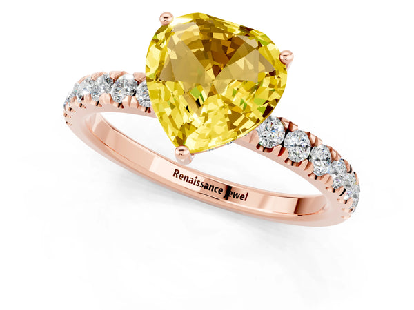 Rose gold Heart Cut Yellow Sapphire Pave Band Solitaire Ring with Round  and Prong Setting