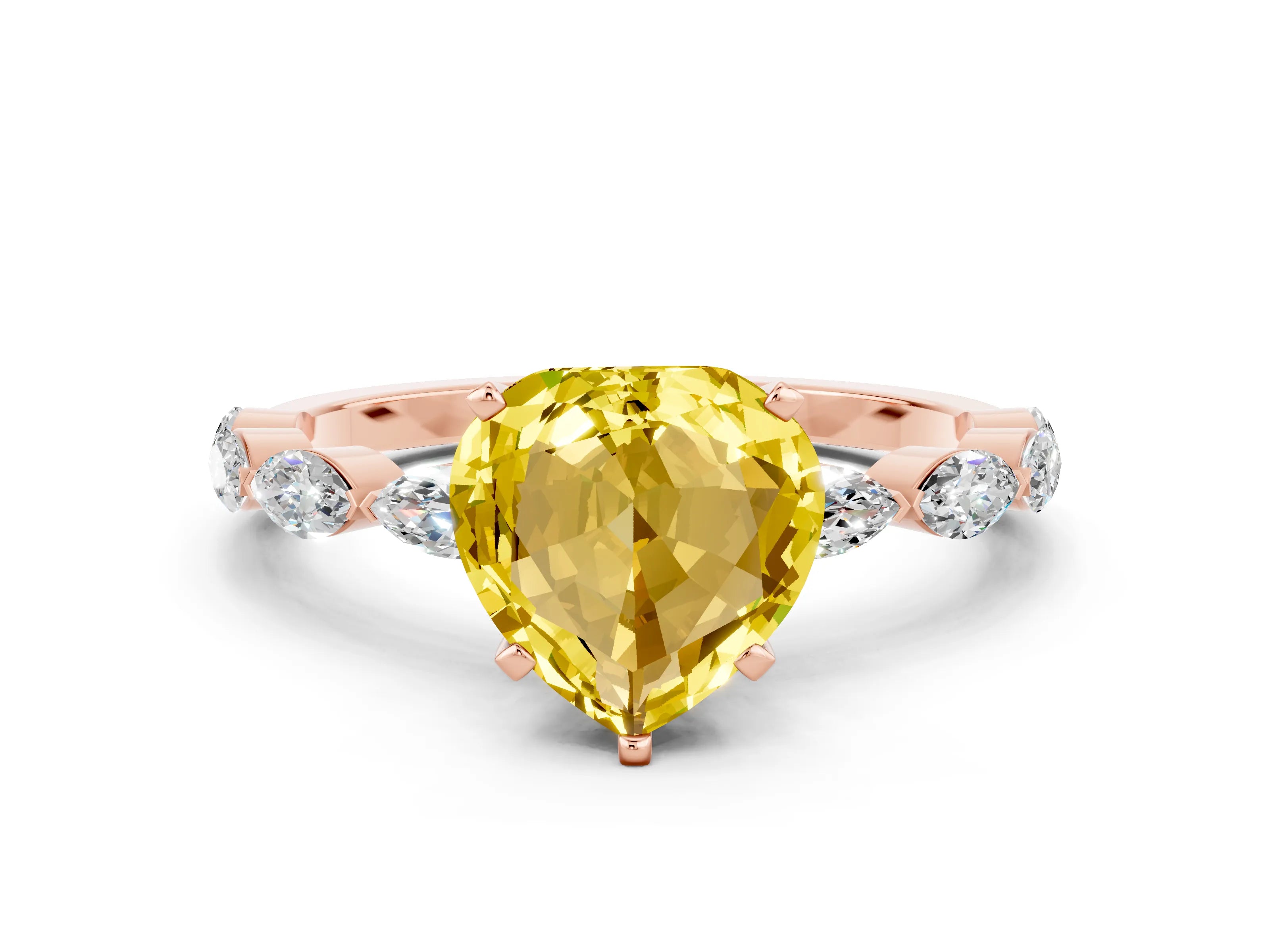 Rose gold Heart Cut Yellow Sapphire Ring with Marquise Side Stones and Prong Setting_12