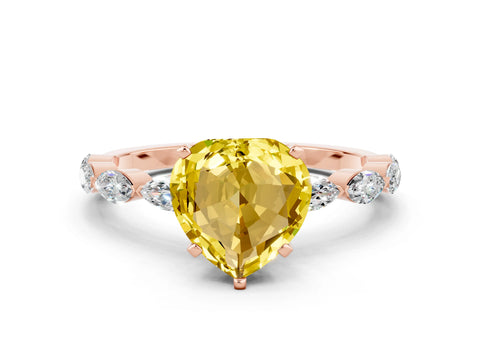 Rose gold Heart Cut Yellow Sapphire Ring with Marquise Side Stones and Prong Setting_12