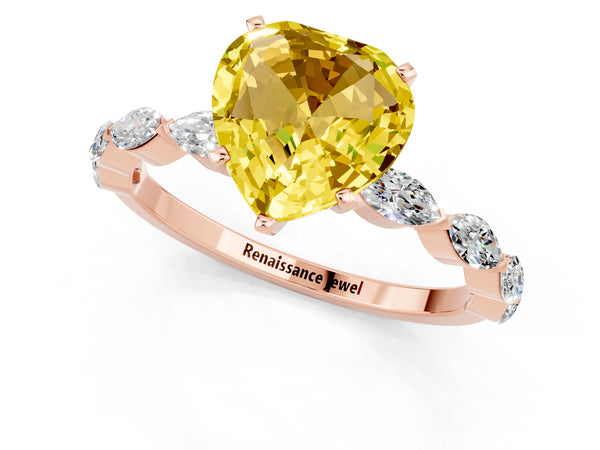 Rose gold Heart Cut Yellow Sapphire Ring with Marquise Side Stones and Prong Setting