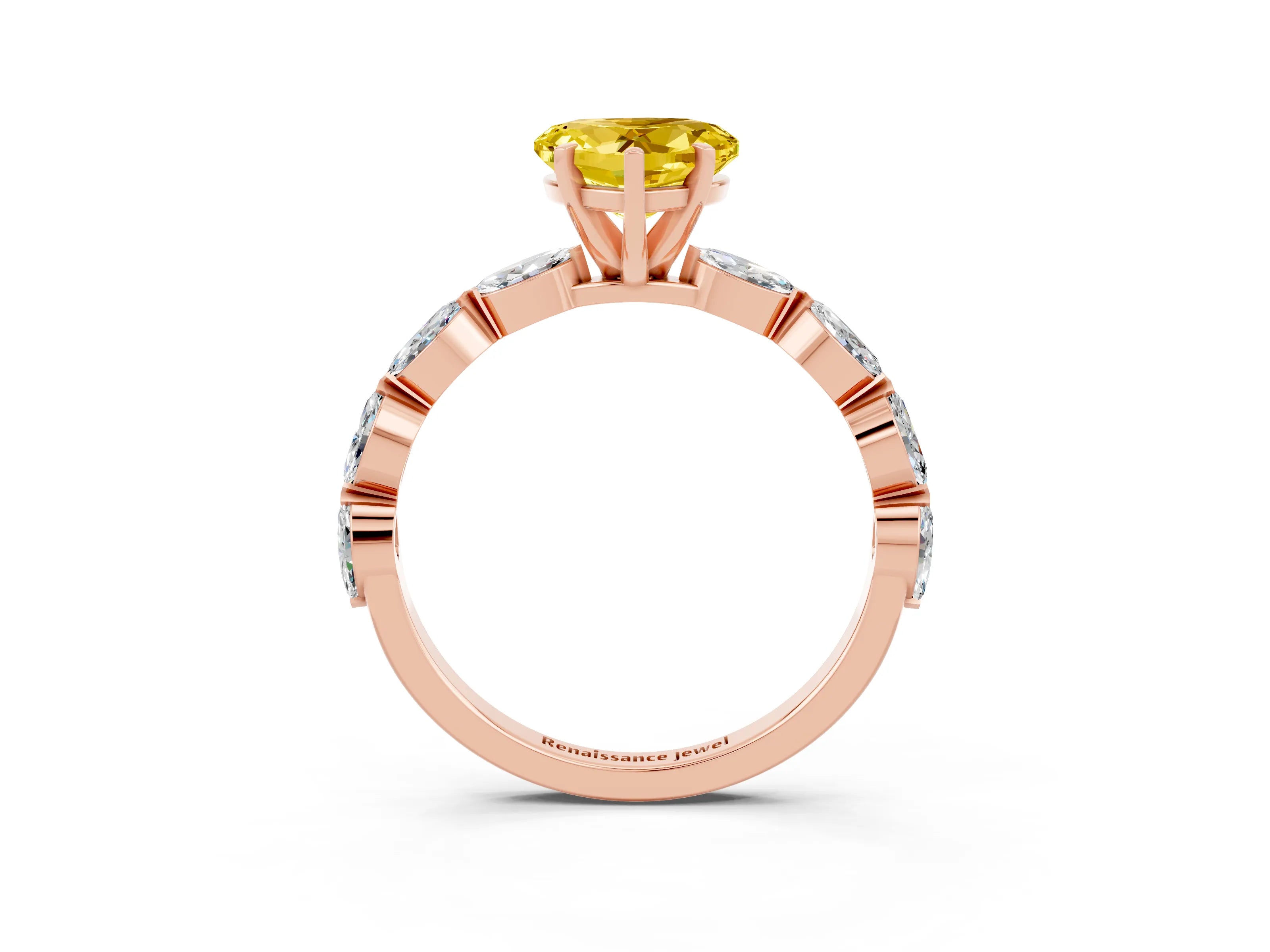 Rose gold Heart Cut Yellow Sapphire Ring with Marquise Side Stones and Prong Setting_15