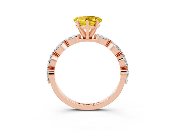 Rose gold Heart Cut Yellow Sapphire Ring with Marquise Side Stones and Prong Setting