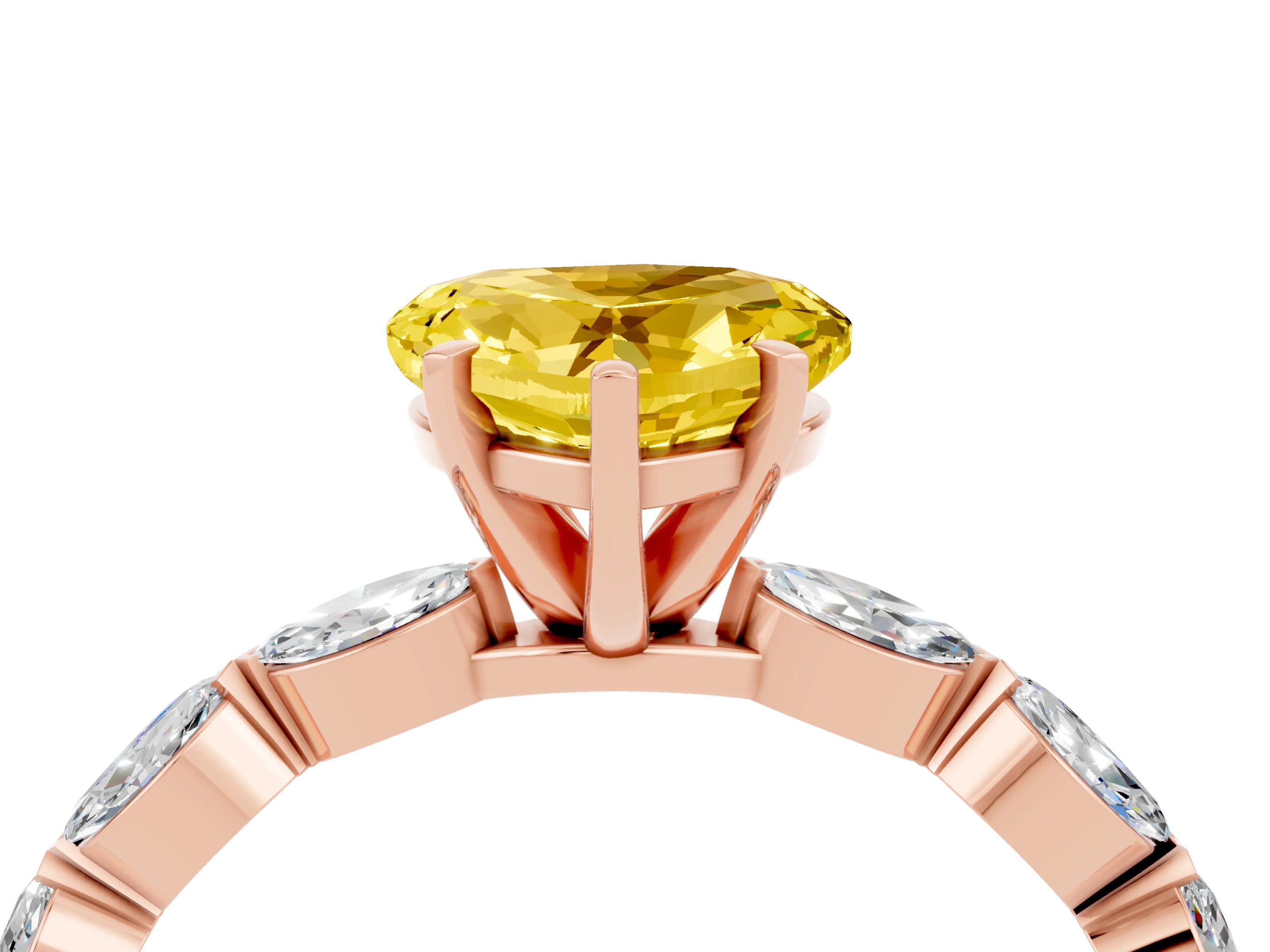 Rose gold Heart Cut Yellow Sapphire Ring with Marquise Side Stones and Prong Setting_16