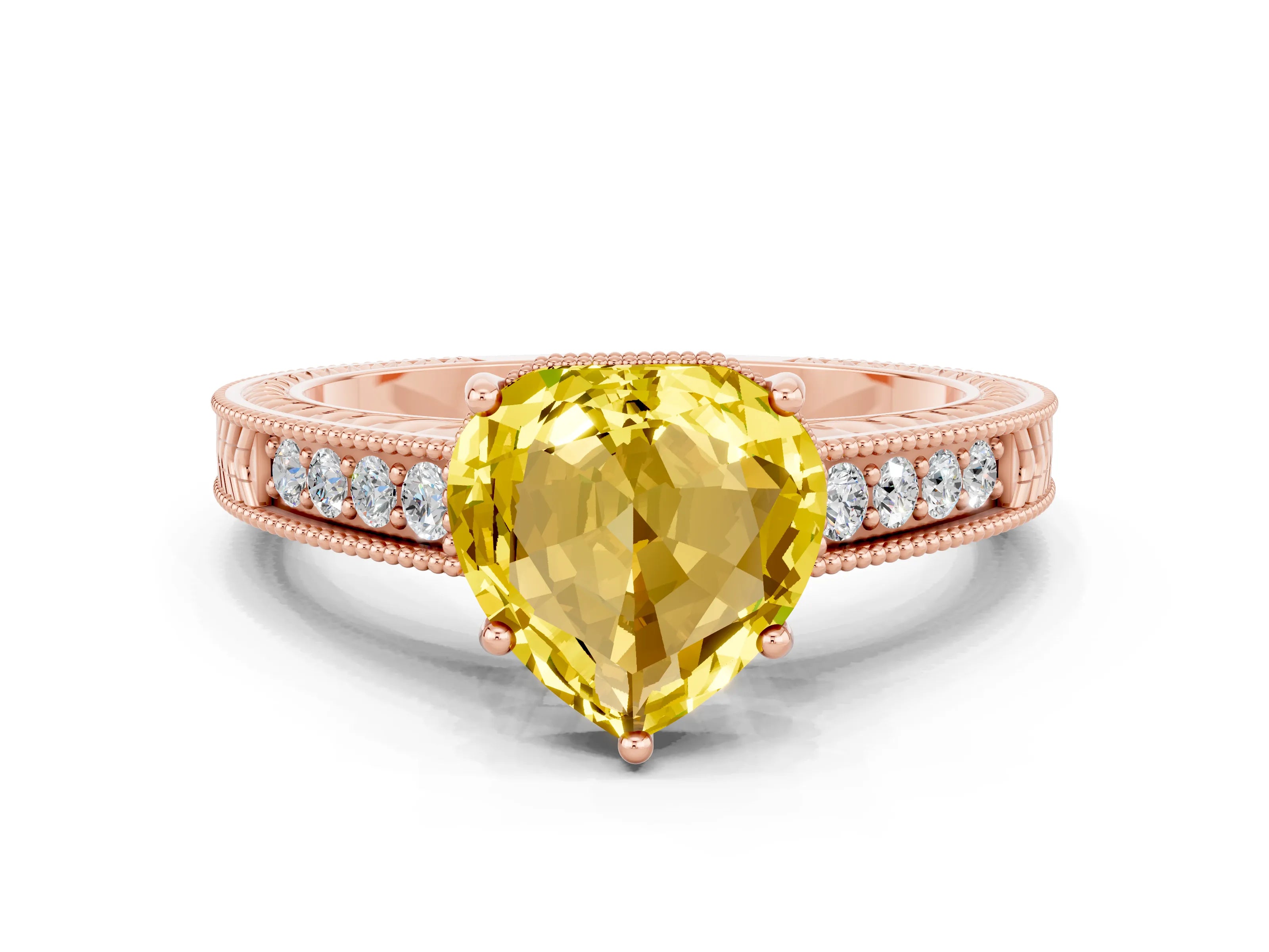 Rose gold Heart Cut Yellow Sapphire Ring with Milgrain Pavé Band and Four-Prong Setting_36