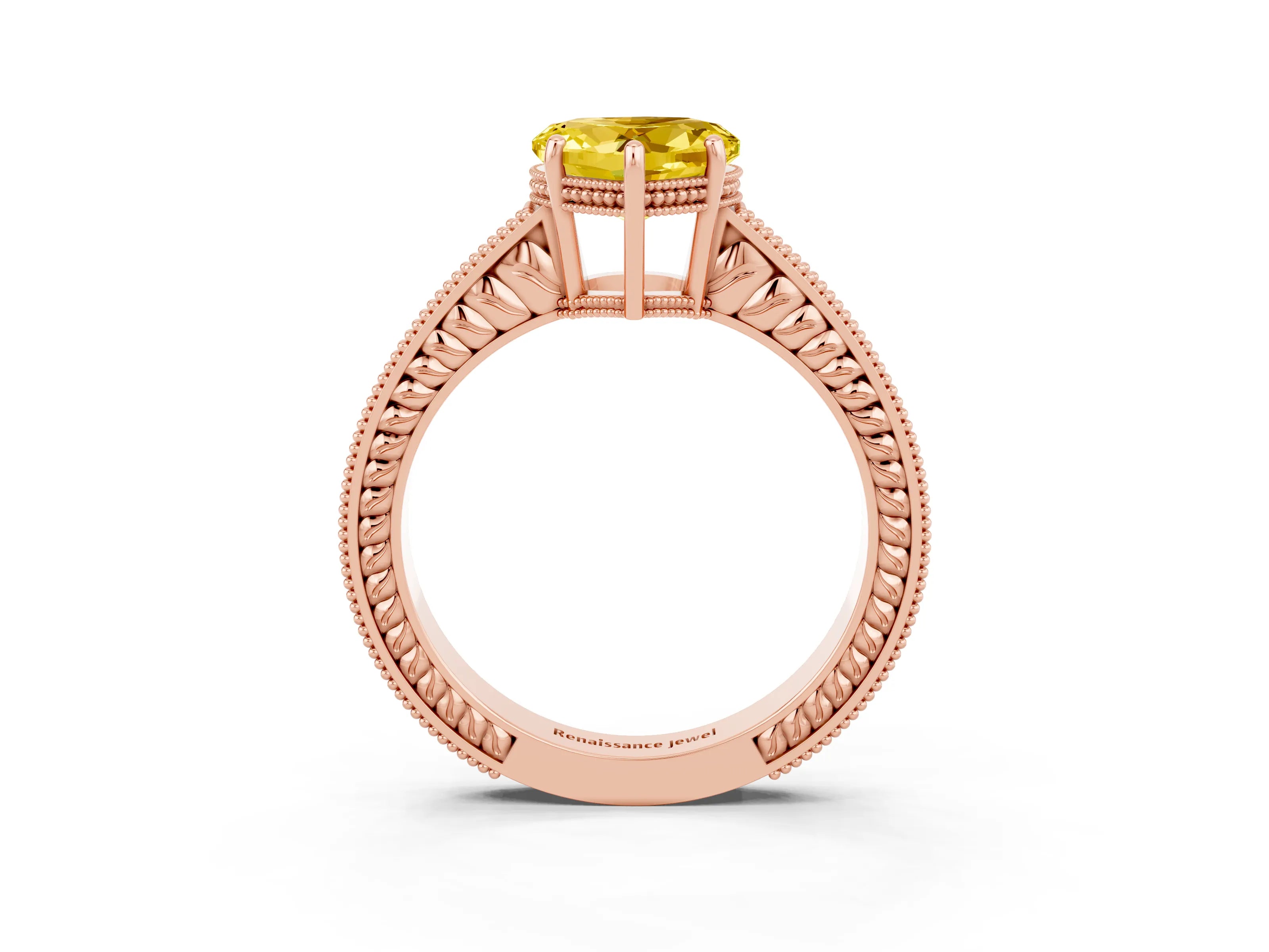 Rose gold Heart Cut Yellow Sapphire Ring with Milgrain Pavé Band and Four-Prong Setting_39