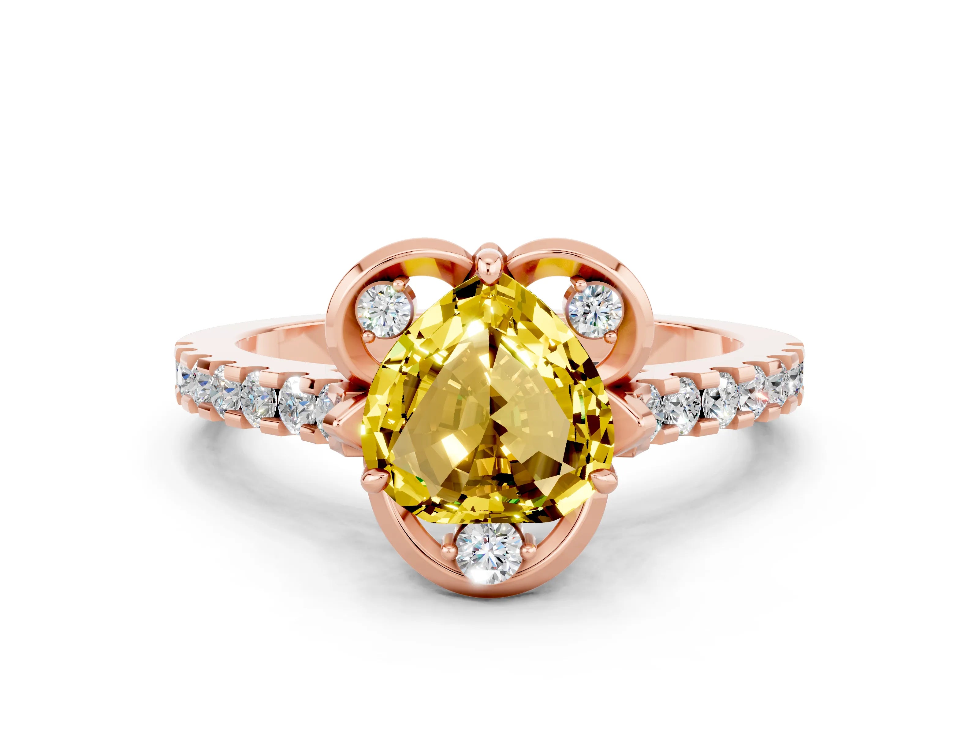 Rose gold Heart Cut Yellow Sapphire Ring with Pavé Band and Floral Prong Setting