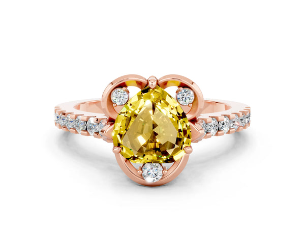 Rose gold Heart Cut Yellow Sapphire Ring with Pavé Band and Floral Prong Setting