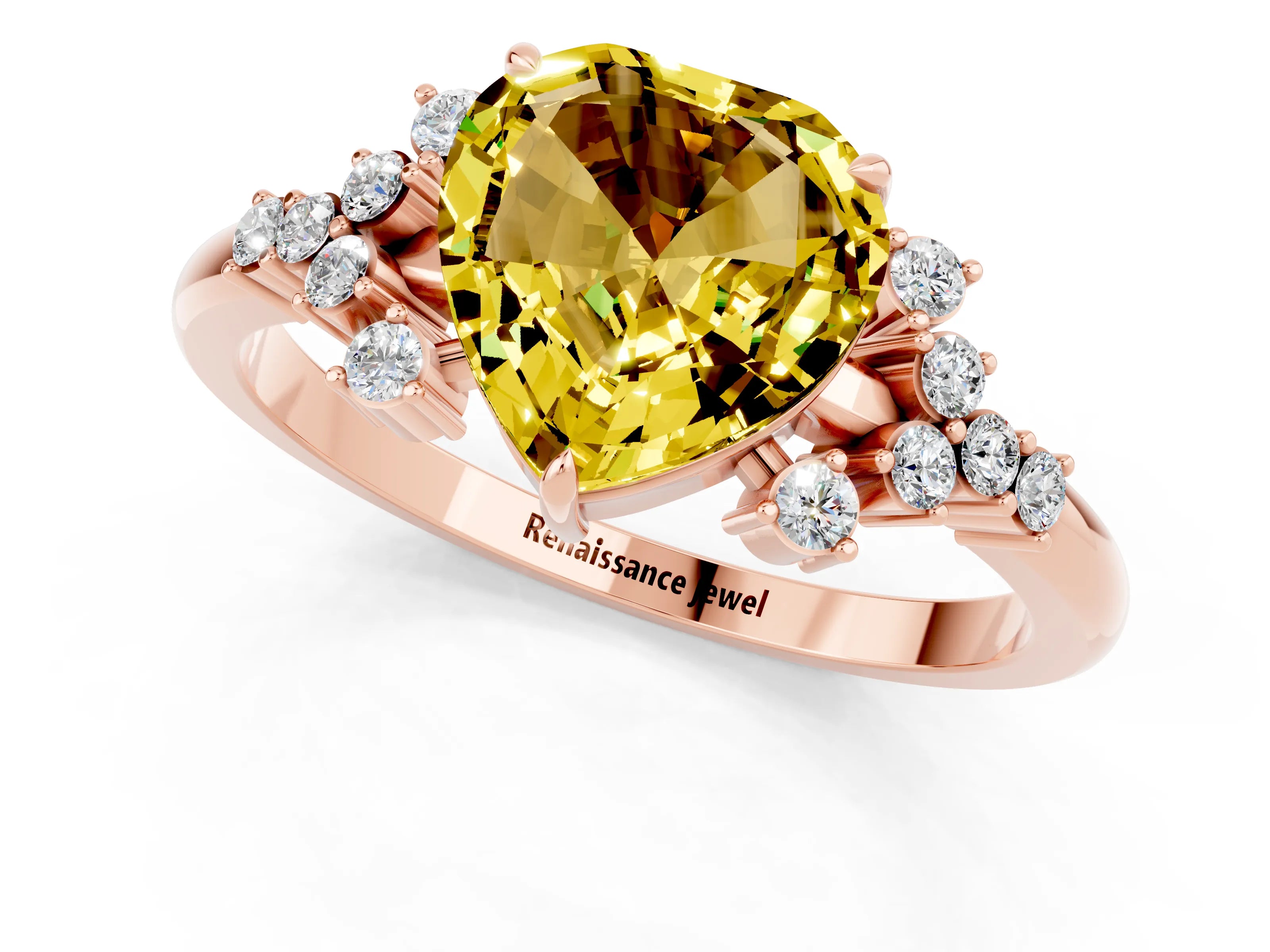 Rose gold Heart Cut Yellow Sapphire Ring with Side Stones and Four-Prong Setting_61