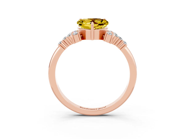 Rose gold Heart Cut Yellow Sapphire Ring with Side Stones and Four-Prong Setting