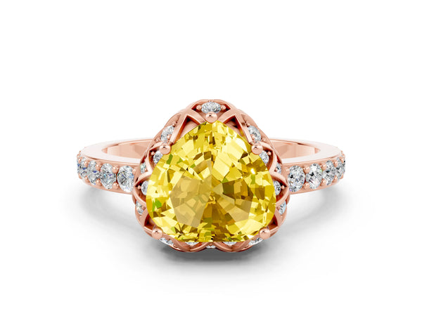 Rose gold Heart Cut Yellow Sapphire Scalloped Halo Engagement Ring with Round Shared Prong Band