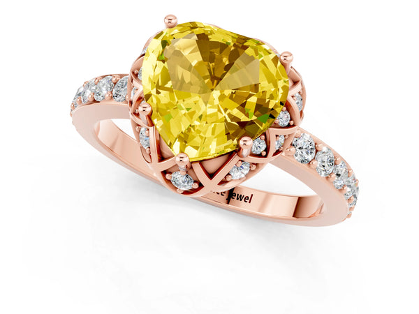 Rose gold Heart Cut Yellow Sapphire Scalloped Halo Engagement Ring with Round Shared Prong Band