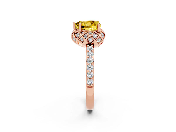 Rose gold Heart Cut Yellow Sapphire Scalloped Halo Engagement Ring with Round Shared Prong Band