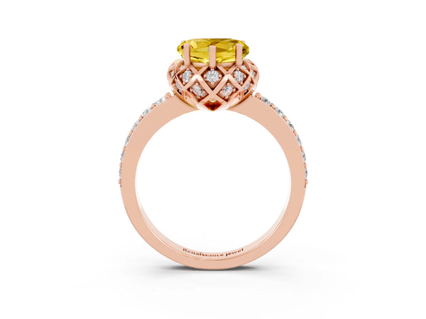 Rose gold Heart Cut Yellow Sapphire Scalloped Halo Engagement Ring with Round Shared Prong Band