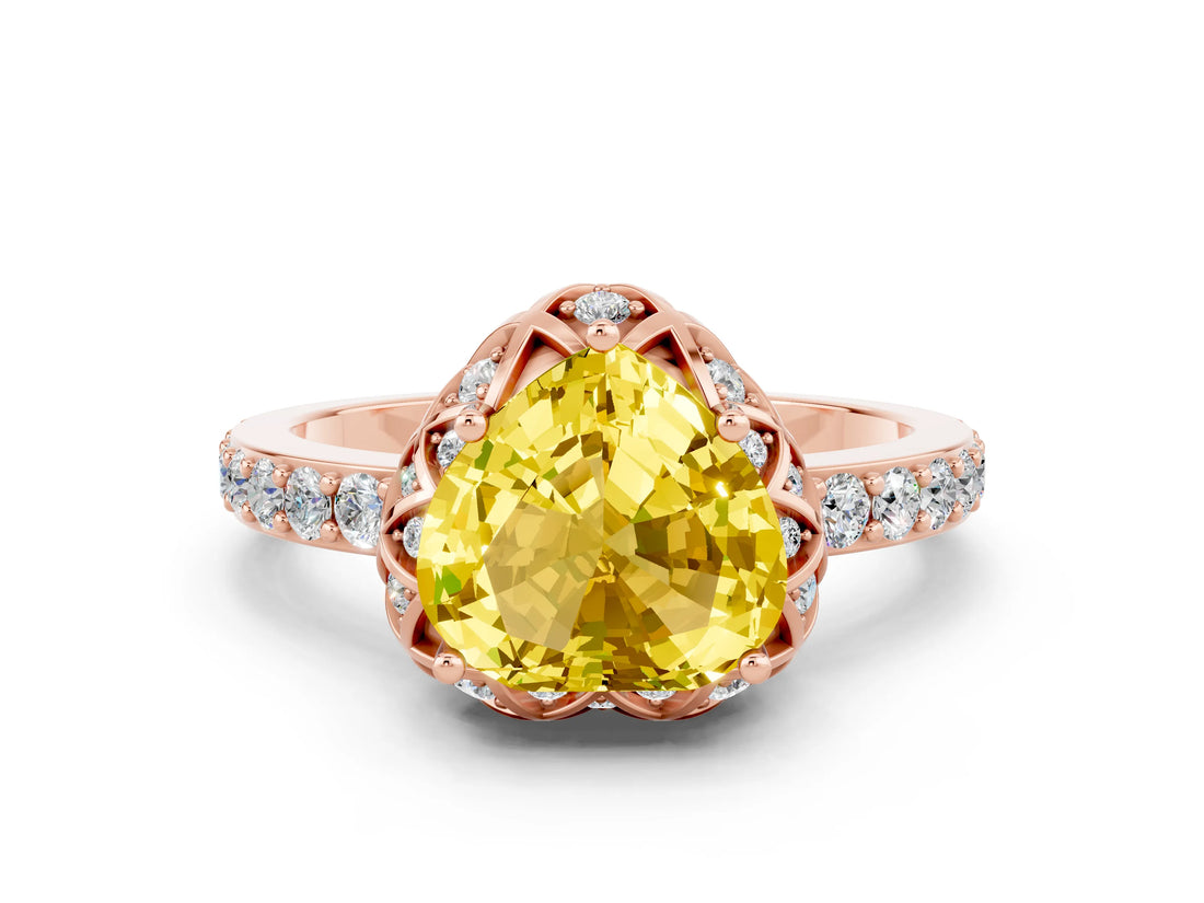 Rose gold Heart Cut Yellow Sapphire Scalloped Halo Engagement Ring with Round Shared Prong Band_24