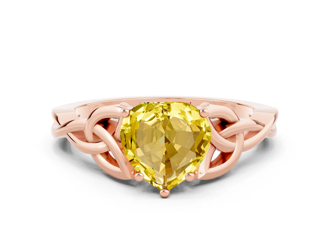 Rose gold Heart Cut Yellow Sapphire Solitaire Celtic Knot Ring with Four-Prong Setting_36