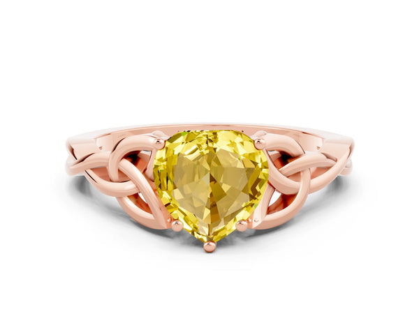 Rose gold Heart Cut Yellow Sapphire Solitaire Celtic Knot Ring with Four-Prong Setting