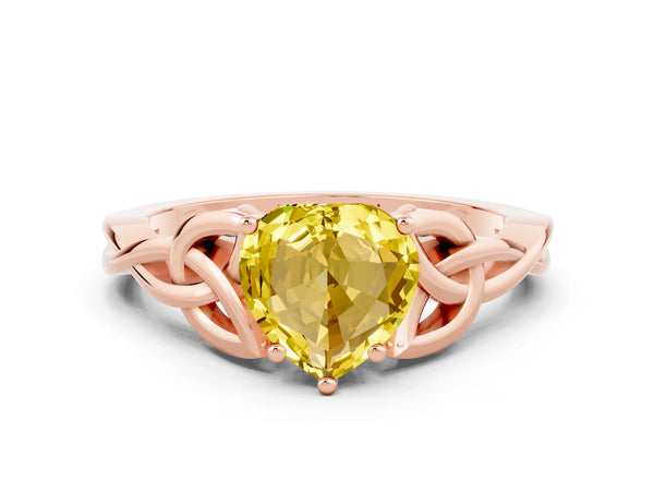 Rose gold Heart Cut Yellow Sapphire Solitaire Engagement Ring with Celtic Knot Band and Four-Prong Setting