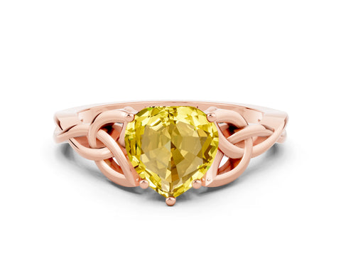 Rose gold Heart Cut Yellow Sapphire Solitaire Engagement Ring with Celtic Knot Band and Four-Prong Setting_24