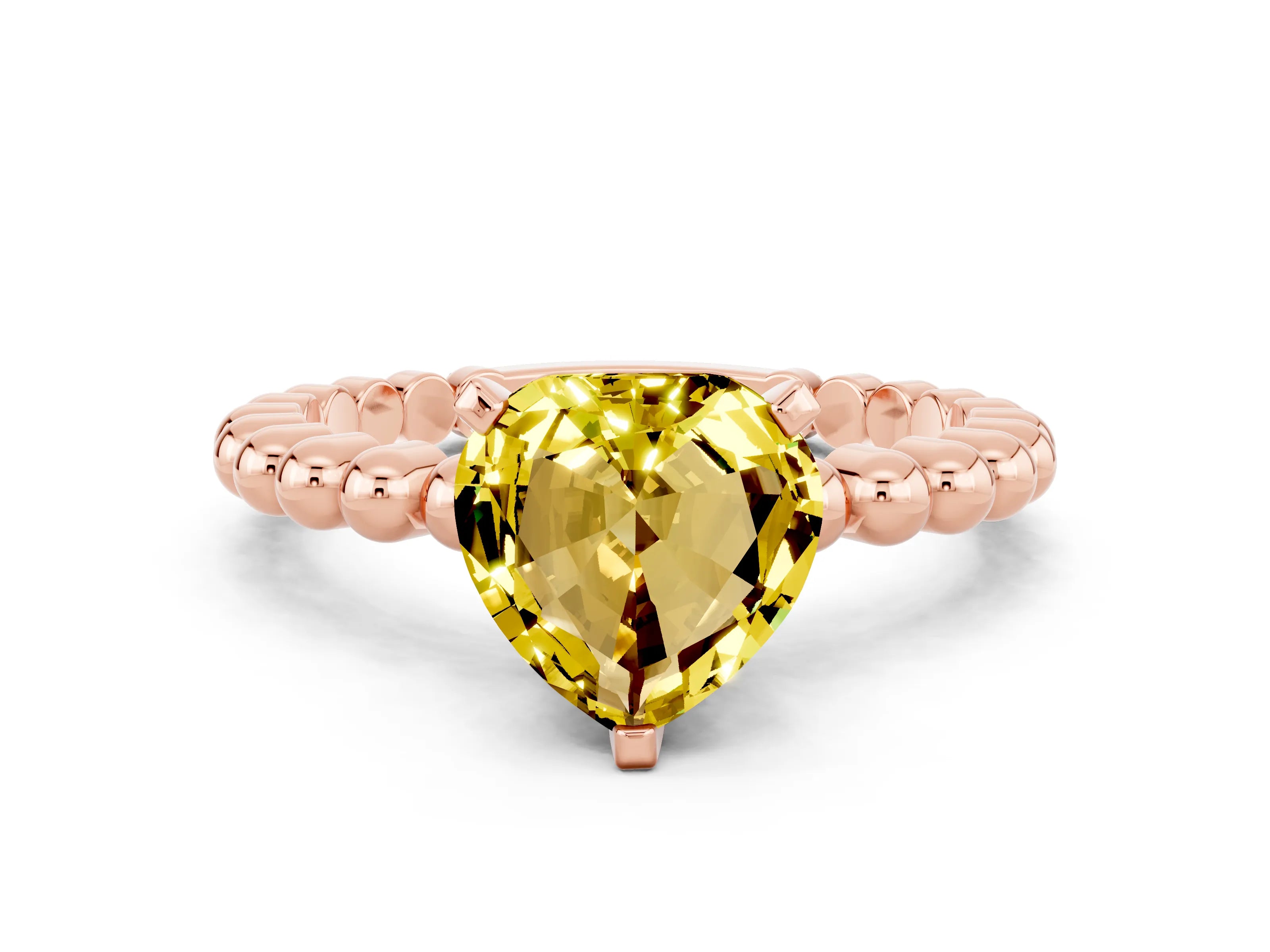 Rose gold Heart Cut Yellow Sapphire Solitaire Ring with Beaded Band and Prong Setting