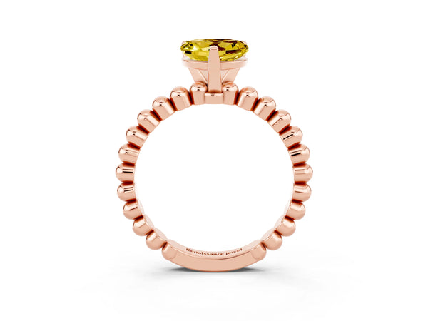 Rose gold Heart Cut Yellow Sapphire Solitaire Ring with Beaded Band and Prong Setting
