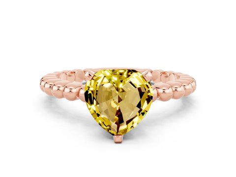 Rose gold Heart Cut Yellow Sapphire Solitaire Ring with Beaded Band and Prong Setting