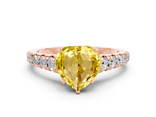 Rose gold Heart Cut Yellow Sapphire Cathedral Solitaire Ring with Round  Pavé Band