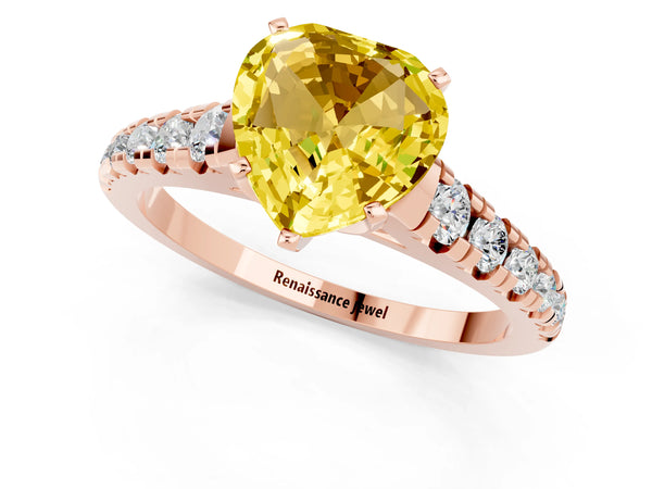Rose gold Heart Cut Yellow Sapphire Cathedral Solitaire Ring with Round  Pavé Band