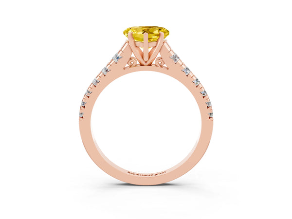 Rose gold Heart Cut Yellow Sapphire Cathedral Solitaire Ring with Round  Pavé Band