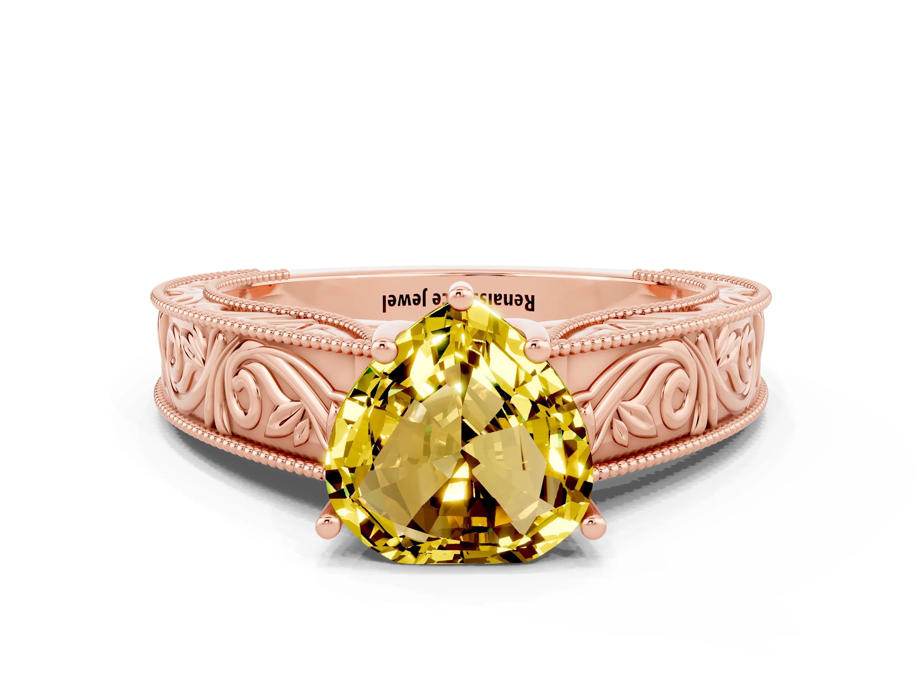 Rose gold Heart Cut Yellow Sapphire Solitaire Ring with Engraved Band and Four-Prong Setting