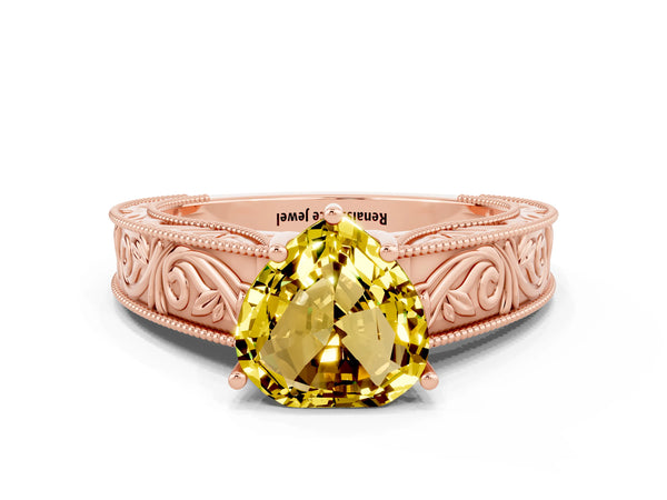 Rose gold Heart Cut Yellow Sapphire Solitaire Ring with Engraved Band and Four-Prong Setting