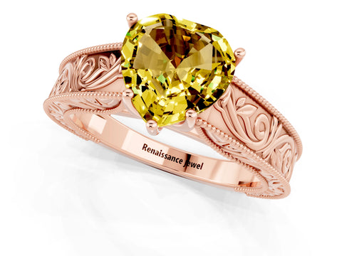 Rose gold Heart Cut Yellow Sapphire Solitaire Ring with Engraved Band and Four-Prong Setting_1